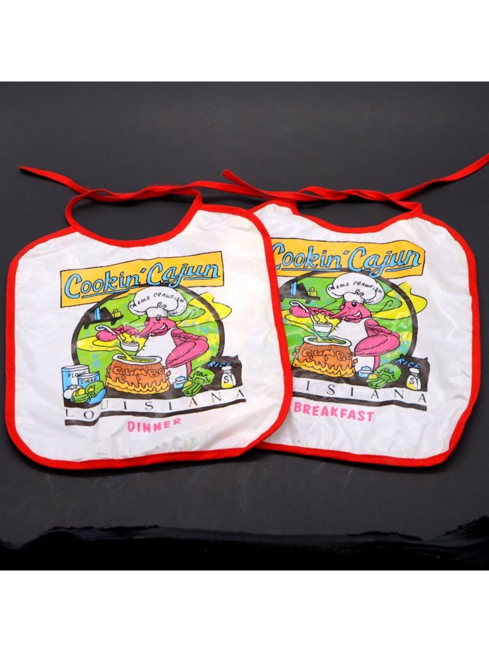 Set of 2 Vintage Vinyl Cajun Baby Bibs Louisiana Crawfish Cookin' Cajun Gumbo